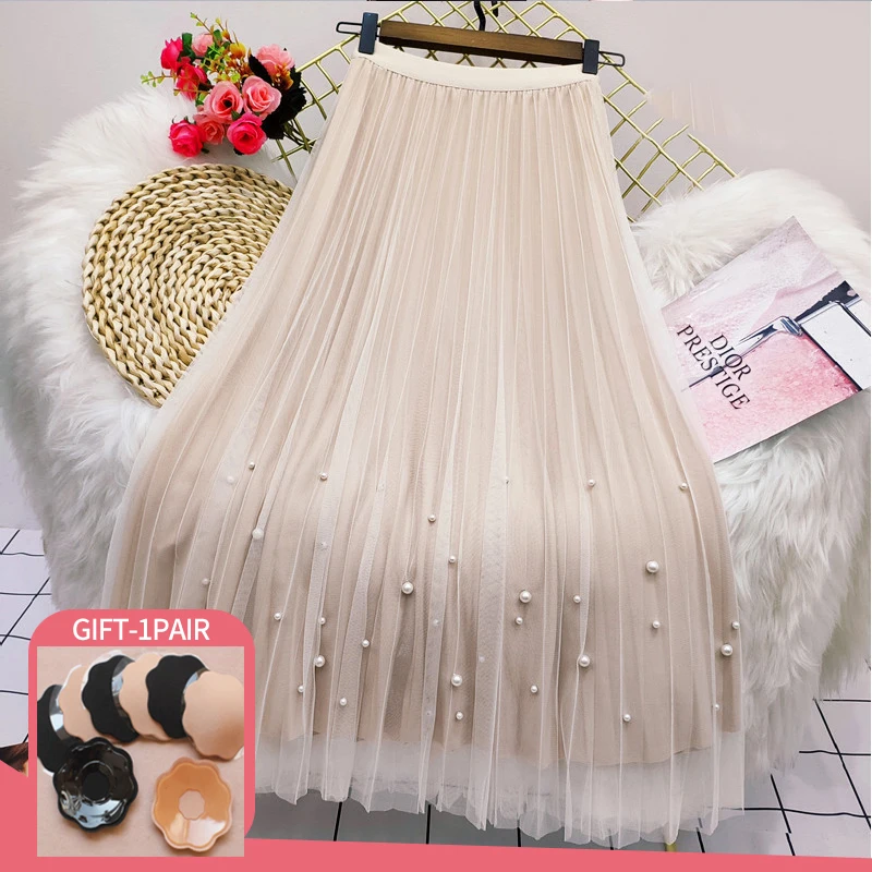 

Vintage Women's Skirt Beading Pearls Mesh Velvet High Waist Long Skirts Summer Elegant Woman Solid Color A Line Pleated Skirts