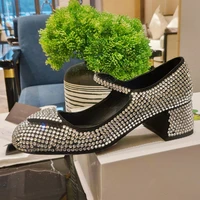 high quality mary jane shoes spring leahter shoes fashion shallow female round toe mid heel elegant sexy crystal woman pumps