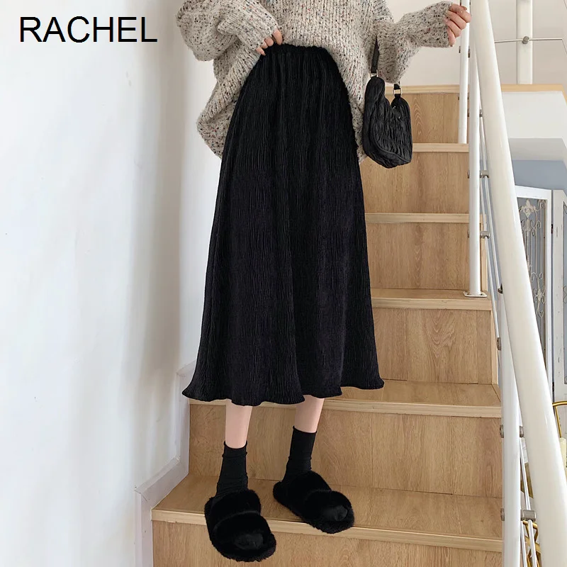 

Черная юбка-трапеция с высокой талией, бархатная юбка, женский зимний свитер средней длины, большой Rac