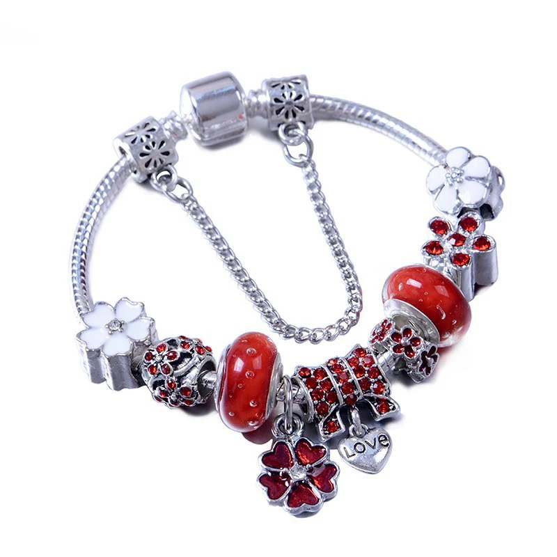 

Fashion Crystal Flower Charm Bracelets 925 Sterling Silver Color Beads Bangles for Jewelry Women Girl Gift