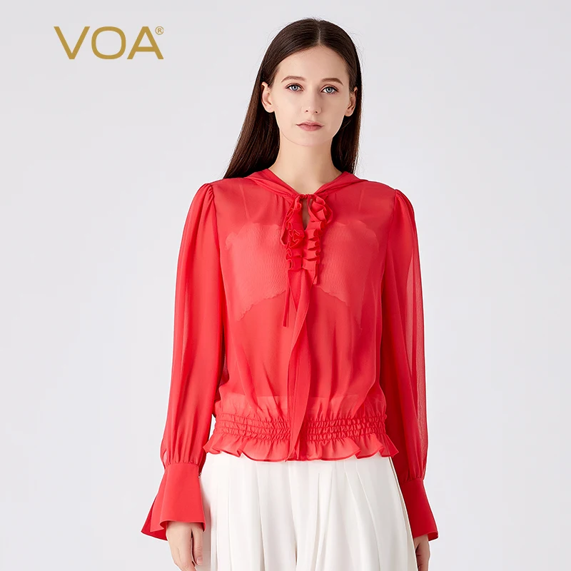 

VOA 12 Momme Silk Georgette Red Hooded Collar Flare Long Sleeves Wooden Ear Band Decoration Commuter Short Silk T-shirt BE1331