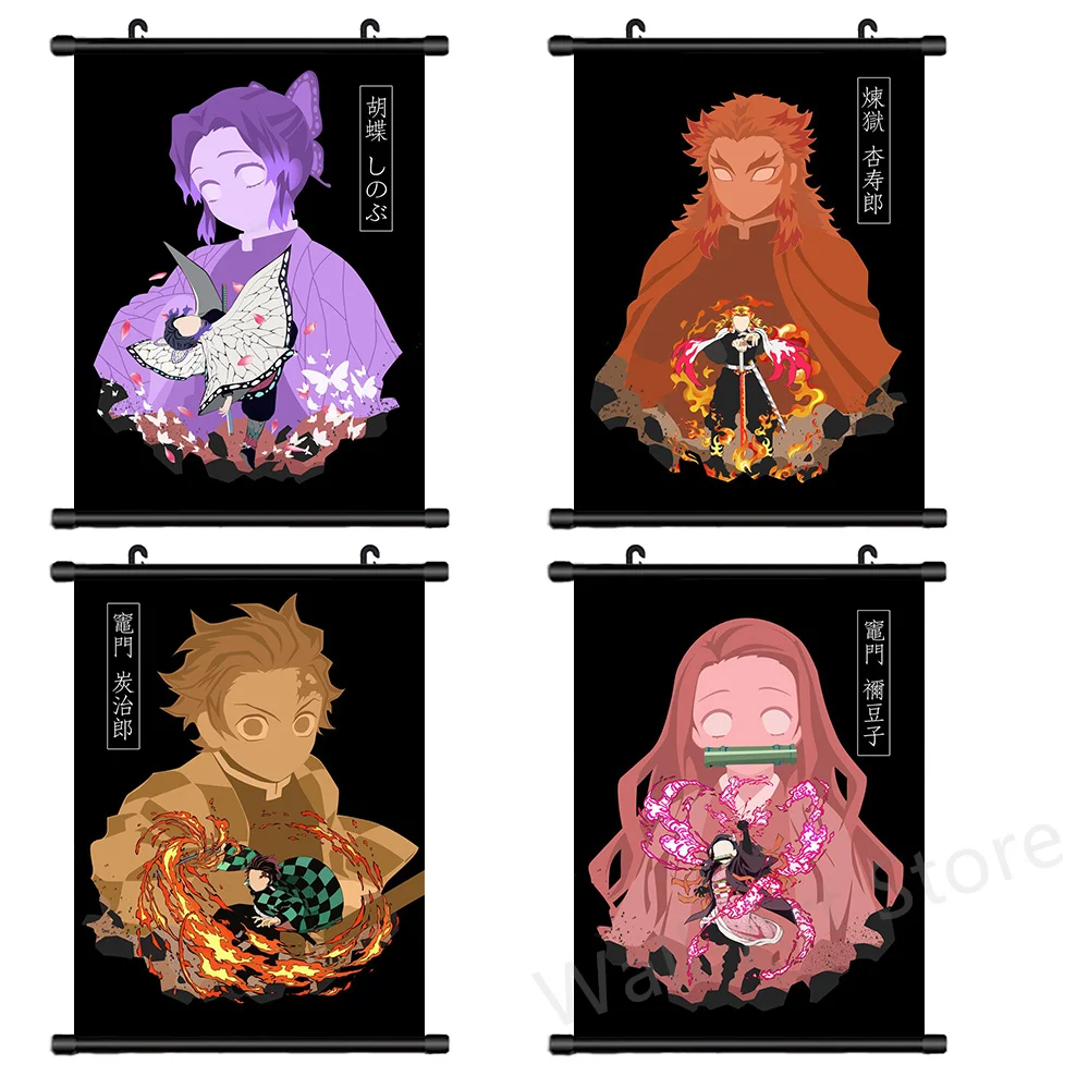 

Classic Anime Demon Slayer Black Poster Scroll Wall Art Canvas Prints Tanjiro Nezuko Rengoku Painting Picture Bedroom Home Decor