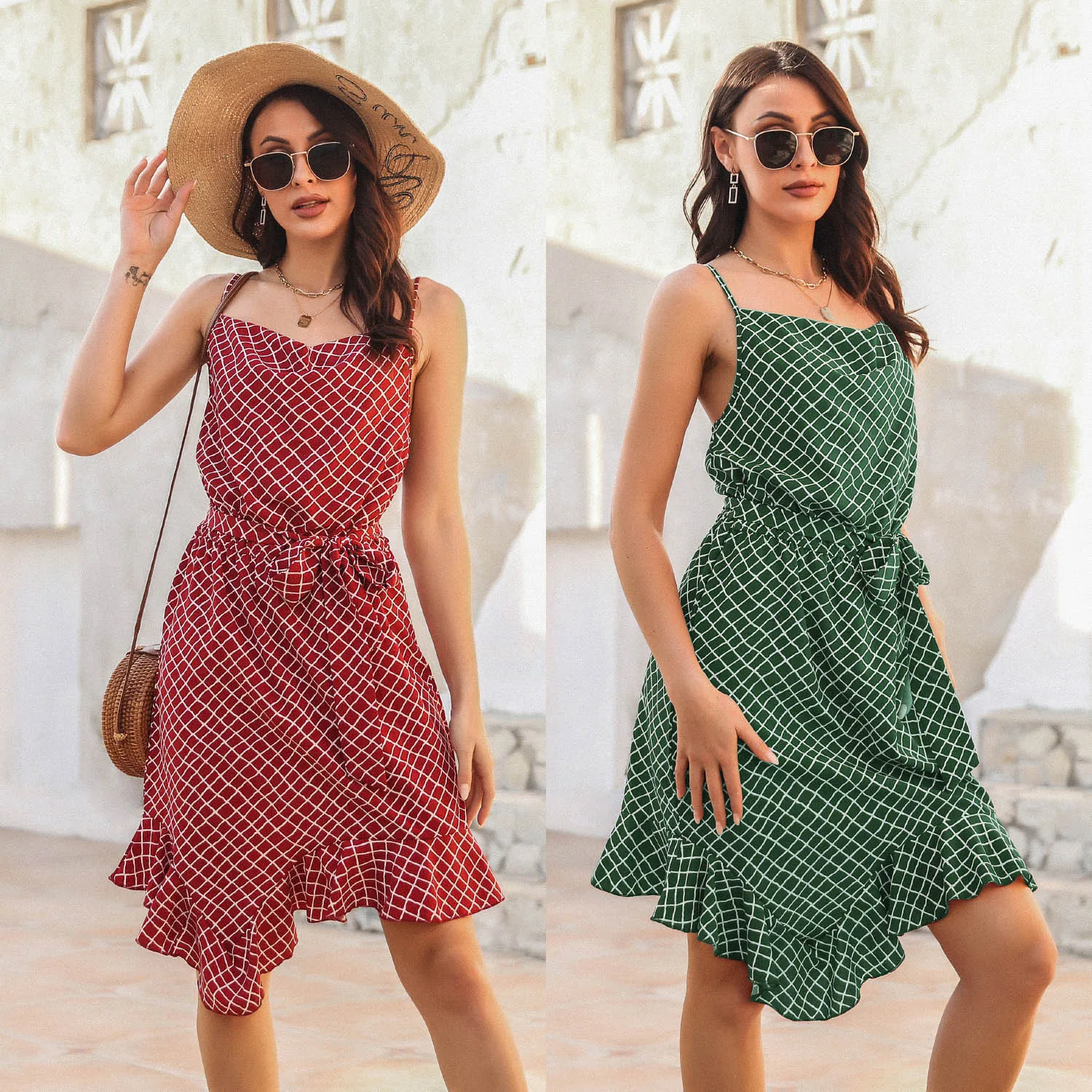 

Women's Green Sexy Backless Plaid Bandage Lace-up Dress Summer Fashion Plus Size Sling Ruffle Frill Party Midi Dress Office Lady