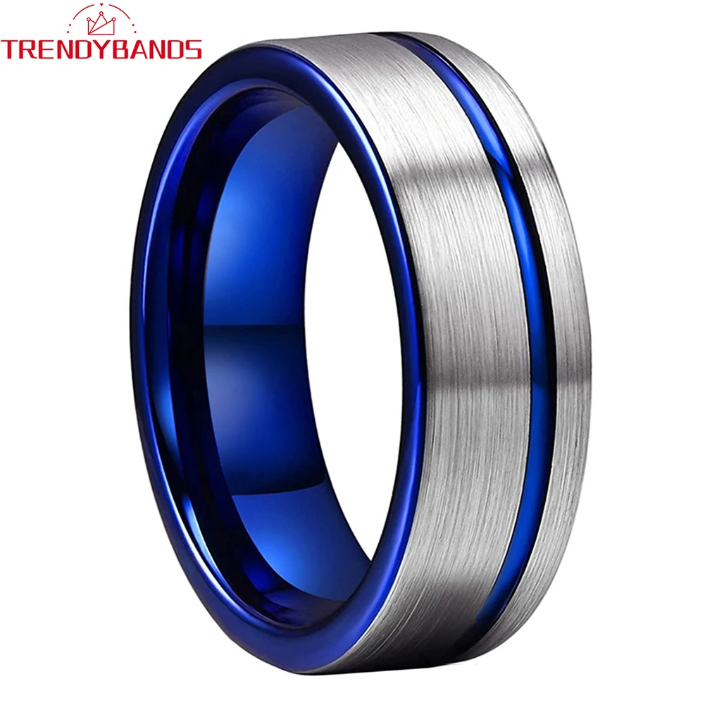 

Blue Tungsten Carbide Engagement Rings for Men Women Wedding Band with Offset Grooved Brushed Finish Comfort Fit