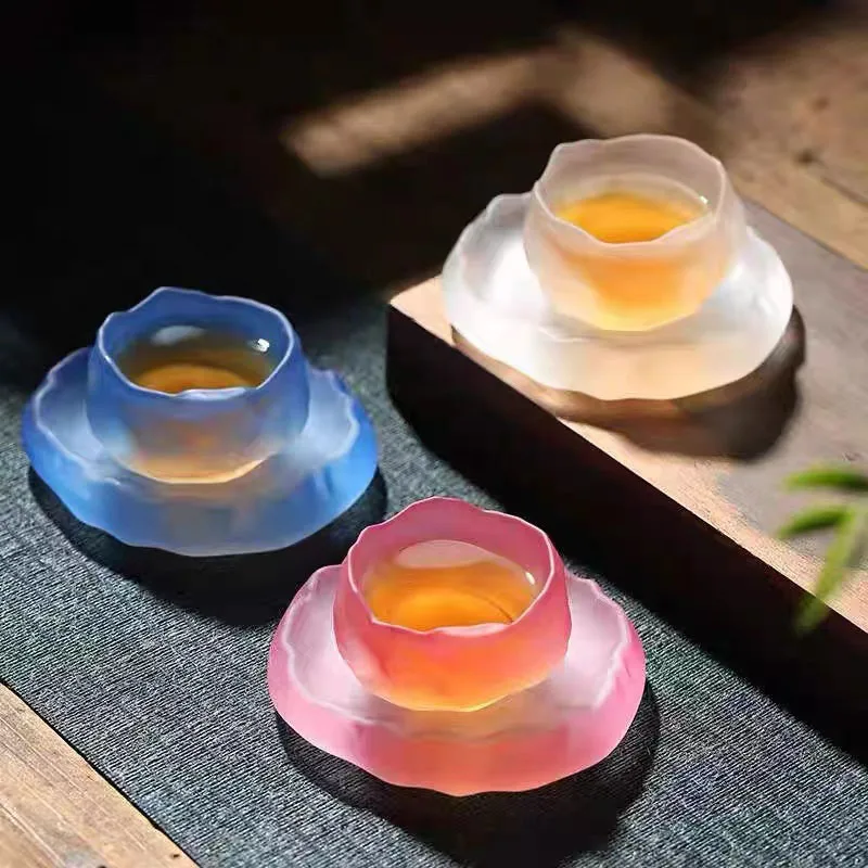 

Crystal Tea Cup with Saucers 50ML Small Frosted Crystal Tea whiskey Glasses Coffee Mug Japanese-style Bubble Tea Cup