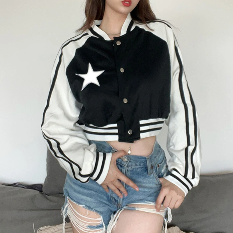 

Spring Autumn Fashion Loose Striped Star Single-breasted Long Sleeve Women Casual Short Jackets Girl Outwear Clothes Cropped Top