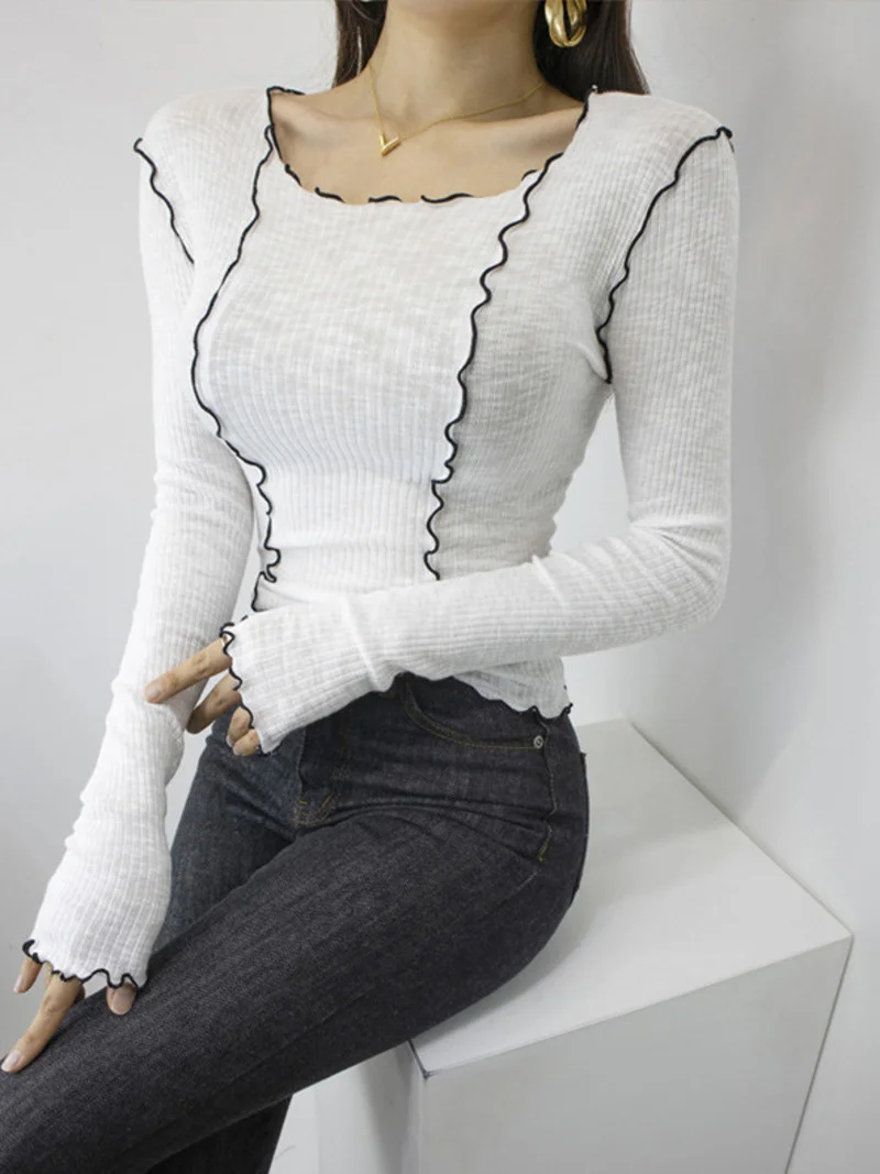 

Новинка, женский топ с круглым вырезом GAGA с оборками, Женская Красная тонкая трикотажная футболка, Горячие Сексуальные корейские женские футболки, топы 2023 N8OF