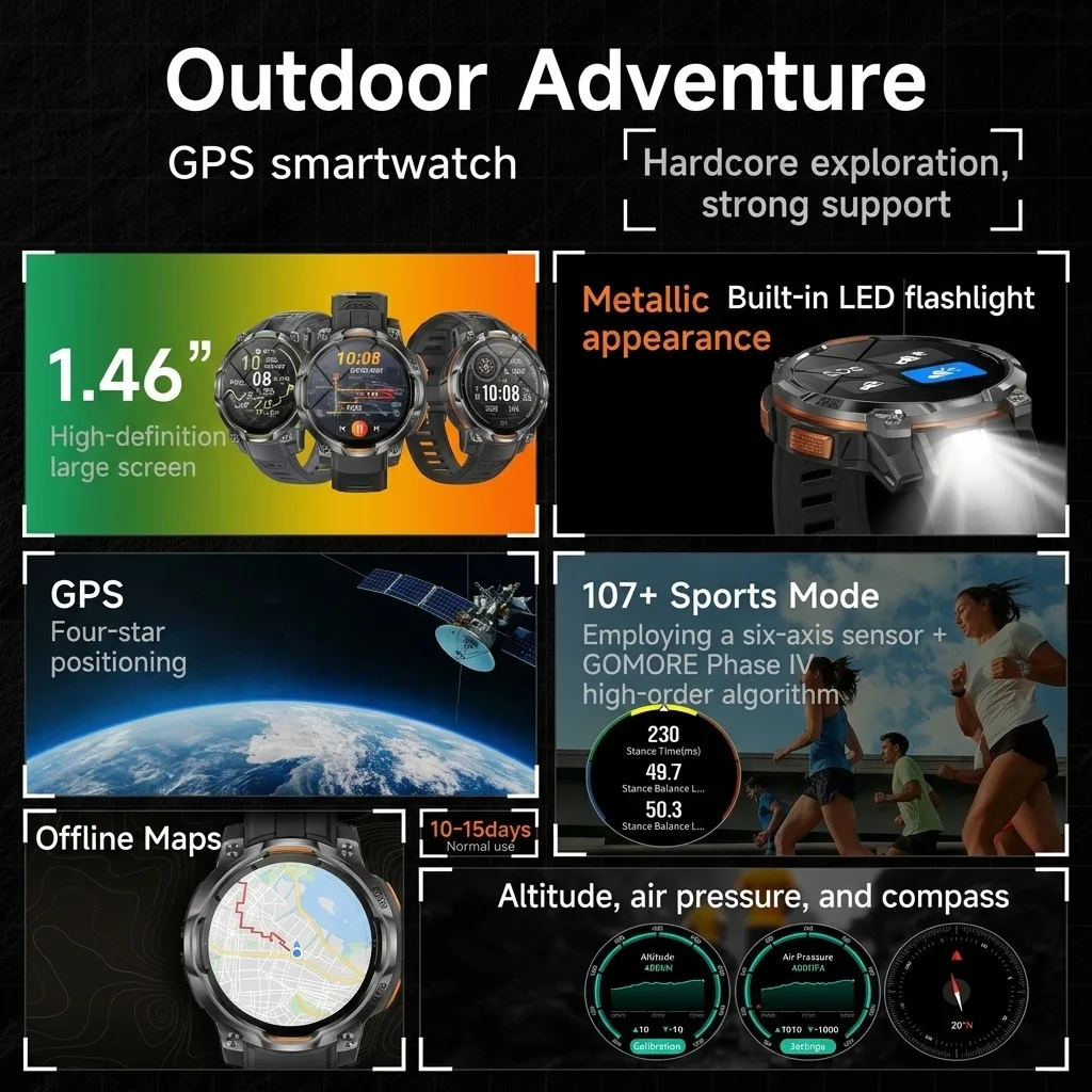 Фото 2026 Новые военные смарт-часы VWAR с GPS, офлайн-картами, водонепроницаемостью 5ATM, батареей 1200 мАч, альтиметром, компасом, Bluetooth-звонками, функциями фитнеса и спорта для мужчин. №5