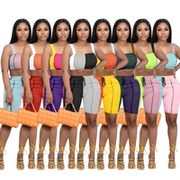 2022 summer biker two piece set color patchwork matching set streetwear tracksuit clothes for women outfit