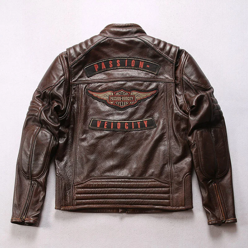 

Мужская кожаная мотоциклетная куртка, коричневая Повседневная куртка из натуральной воловьей кожи с верхним слоем, 2022