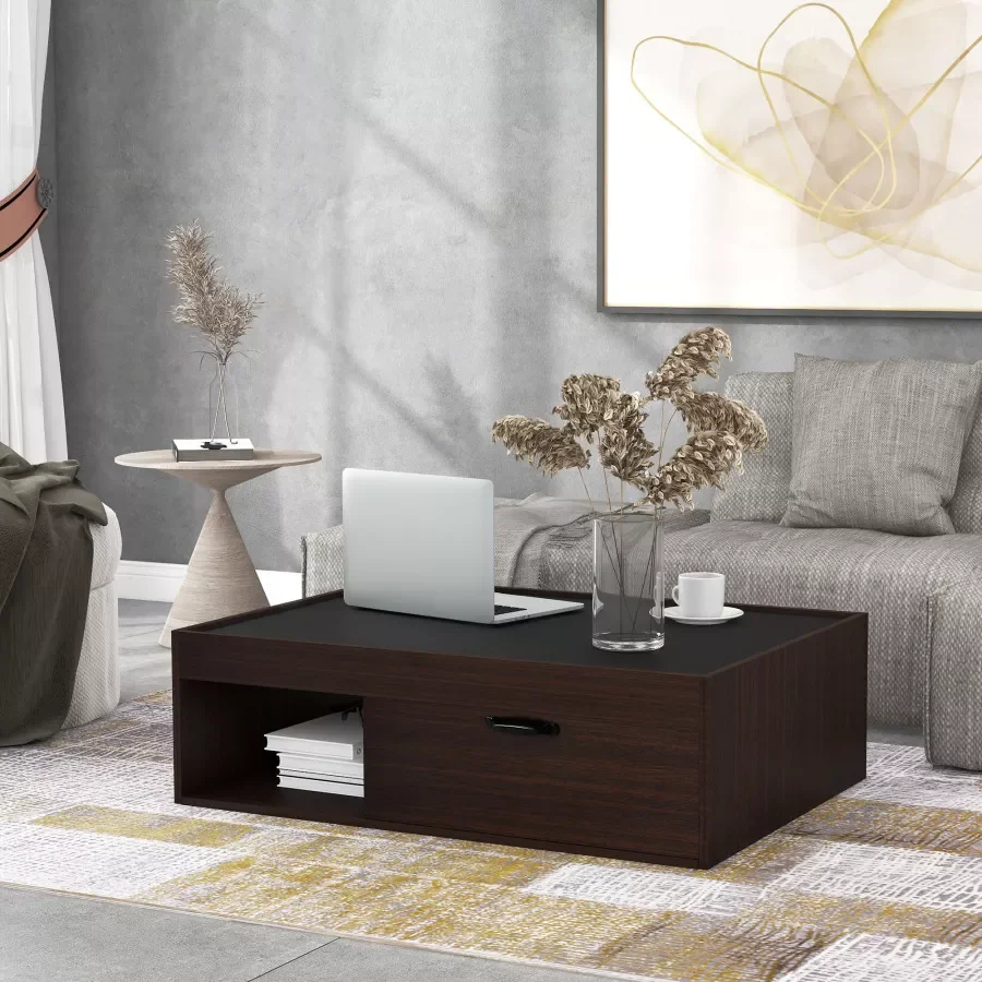 

Журнальный столик, современный боковой столик с полкой и 1 выдвижным ящиком, Диванный чайный столик для дома и офиса в гостиной (темно-коричн...