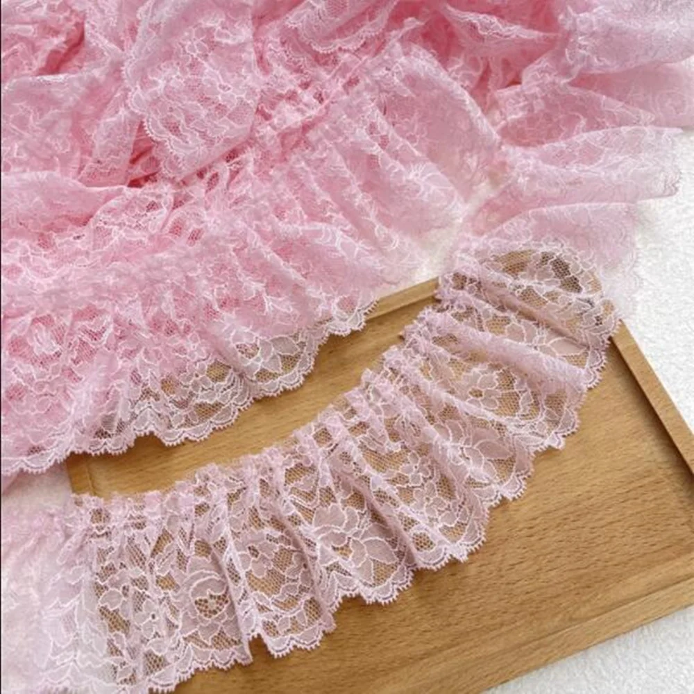 

8CM Wide Pink Embroidery Flower Lace Tabric Ruffle Trim Ribbon DIY Sewing Applique Collar Fringe Craft Wedding Dress Accessory