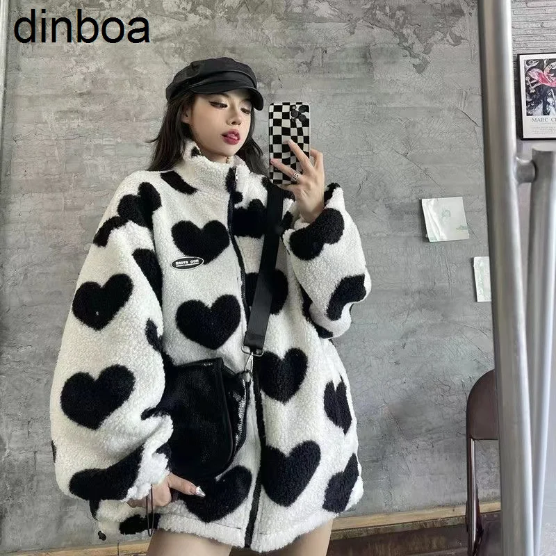 

Dinboa-зимняя одежда, женская мягкая куртка из овечьей шерсти, модная двухсторонняя куртка с воротником, парная Свободная куртка, Теплый Женск...