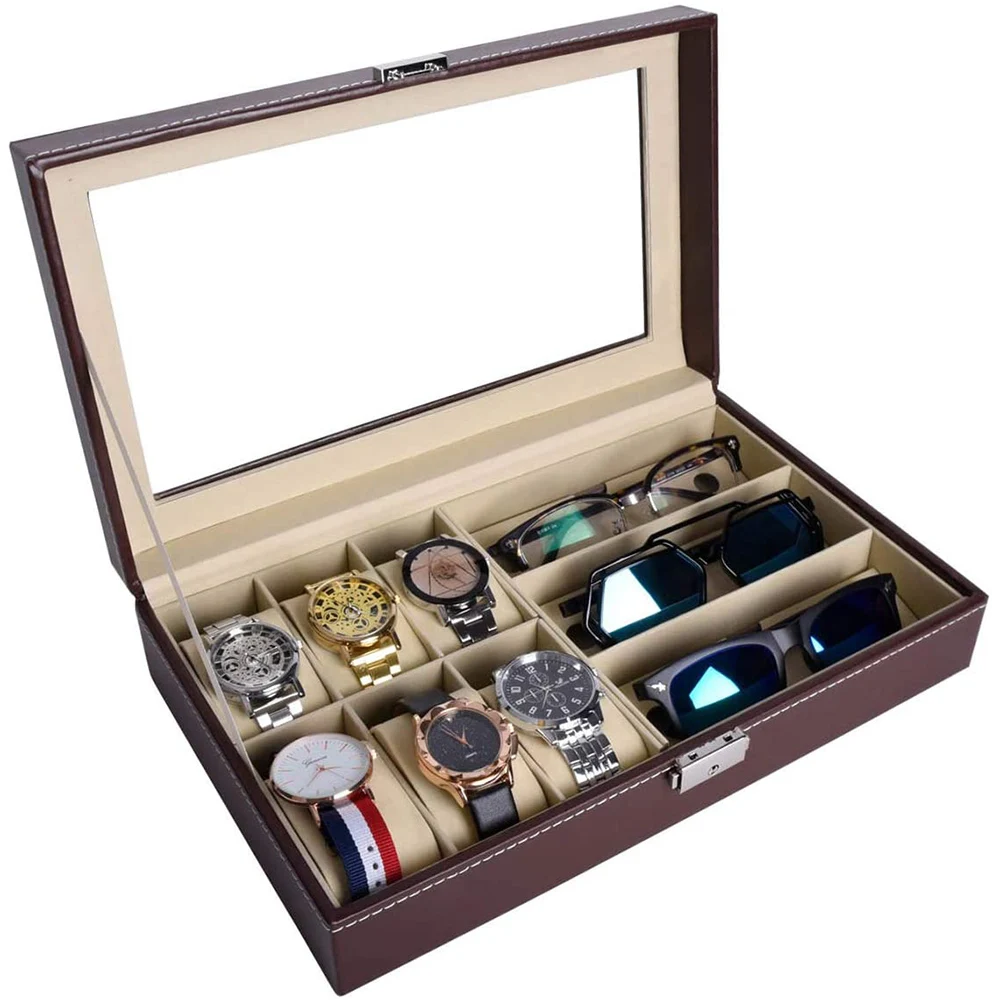 6 Slots PU Leather Watch Boxes Display 3 Eyeglasses&Sunglasses Necklace Jewelry Storage Case Collection Stand Birthday Gift