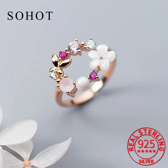 

Real 925 Sterling Silver Zircon CZ Leaves Shell Flower Pearl Adjustable Ring For Women Plant Fine Jewelry Accessories
