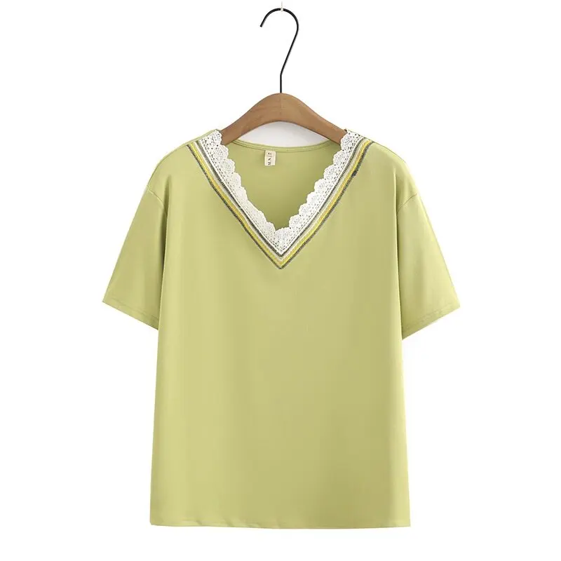 Plus Size Women's V-neck White Black Summer Shirts Oversized A-line Lace Patchwork Female Tops Fashion Casual Top