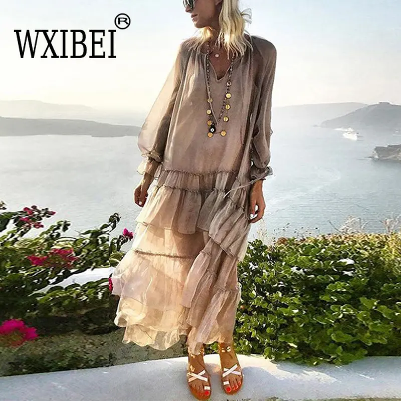 

WXIBEI Autumn Patchwork Ruffles Women's Dresses V Neck Petal Sleeve Loose Perspective Holiday Dress Fashion Clothes New FC701