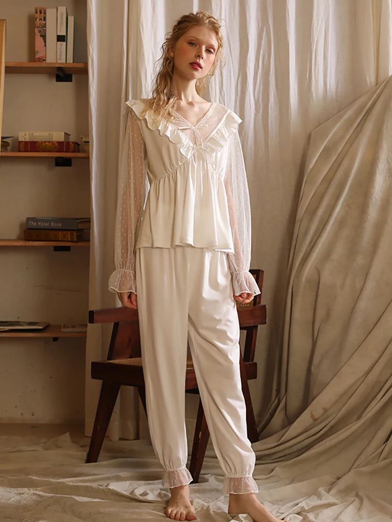 

Women Spring Autumn Sexy Nightwear Tops Pants Two Piece Set V-Neck Mesh Fairy Ruffles Pajama Princess Sleepwear Sweet Loungewear