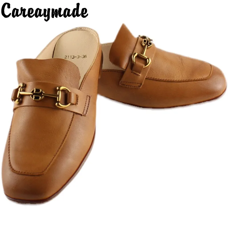 

Careaymade-Genuine Leather British flat square head slippers women wear sandals soft leather summer Fashion big size shoes