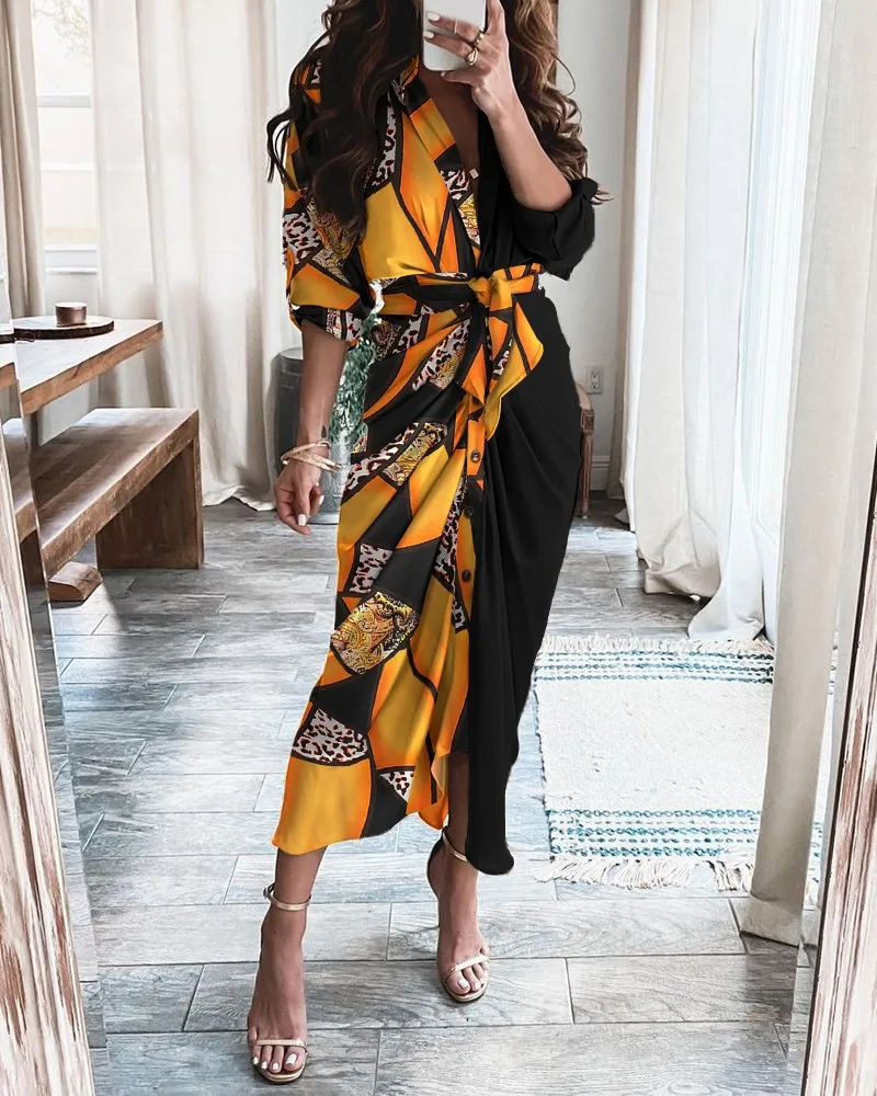 

Summer Fashion Women's Long Sleeve V-Neck Button Printed Dress Long Dress