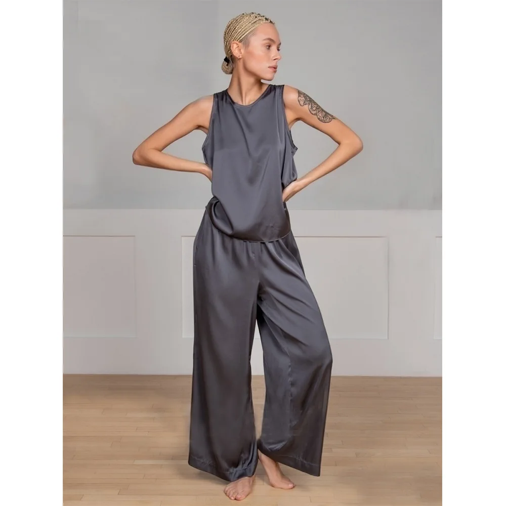 

NHKDSASA Women Pajama Suit Spring Summer Female Homewear Sets Sleeveless Crossed Back Vest And Loose Trousers Two Piece Sets