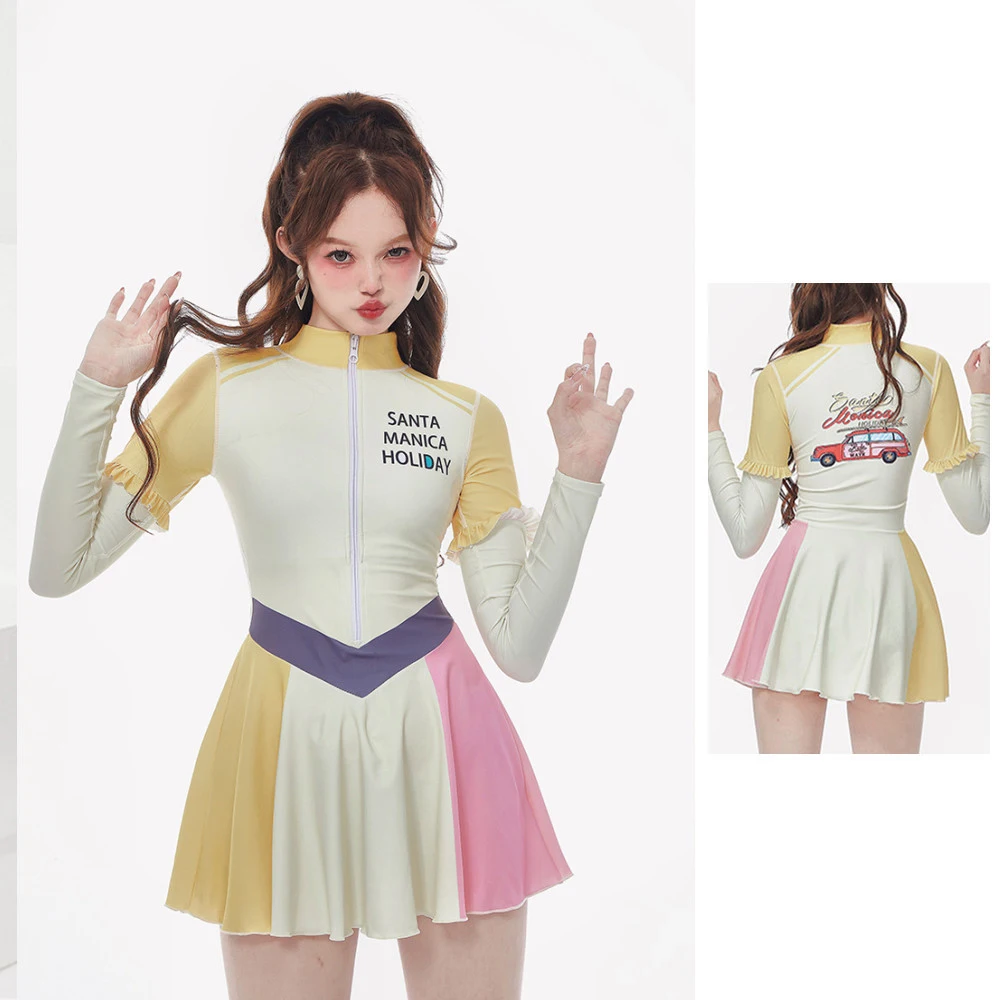 

Cute Long Sleeve Rash Guard Women Patchwork One Piece Swimsuit Dress Zipper Swimwear Surfing Suit High Neck Diving Clothes