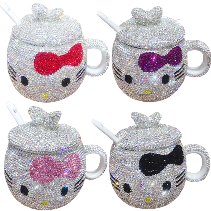 

Kawaii Helloo Kitty Shinning Coffee Mug with Lid All Cup Ceramic Mug Cat Bling Gifts for Girlfriend Tea Rhinestones Cute Cup