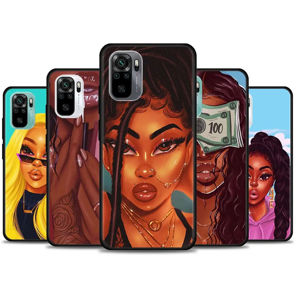 

Fashion Black Girl Phone Case for Redmi 10 9 9A 9C 9i K20 K30 K40 Plus Note 10 11 Pro Soft Case Silicone