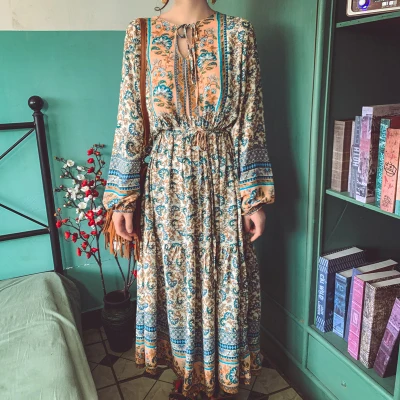 

Boho long sleeve midi dresses for women robe vintage floral printed cotton rayon 2022 autumn dress tunic casual long vestidos