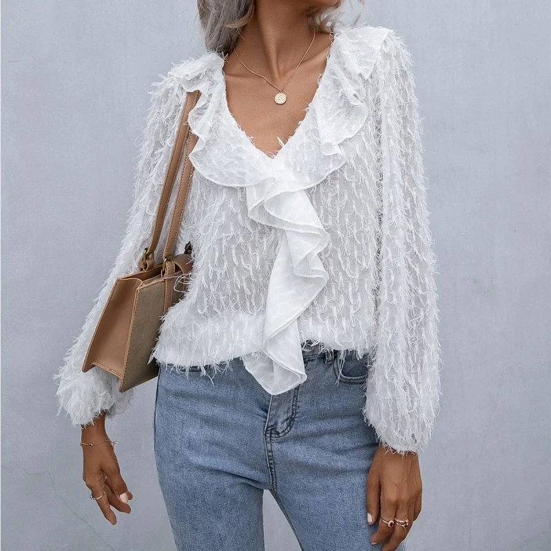 

Ruffle Fringe Feather V-Neck Long Sleeve Shirt Temperament Commuting Perspective Shirt Blouse Women 2022 Autumn Spring