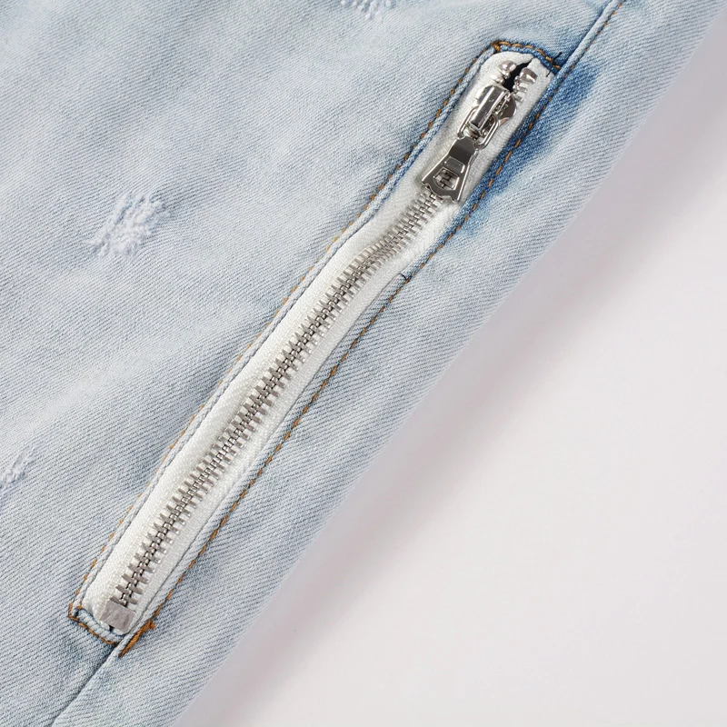 Street Fashion Men Jeans Retro Light Blue Stretch Skinny Patched Ripped Jeans Men Zipper Spliced Designer Hip Hop Brand Pants