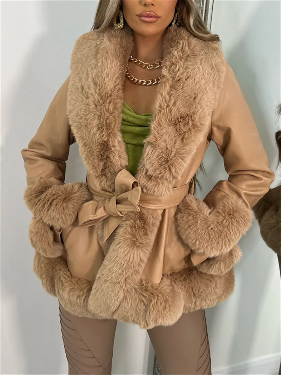 

Furry Trim Patchwork PU Leather Jackets Women Fashion Contrast Color Plush Collar Warm Cardigan with Belt Warm Outwear