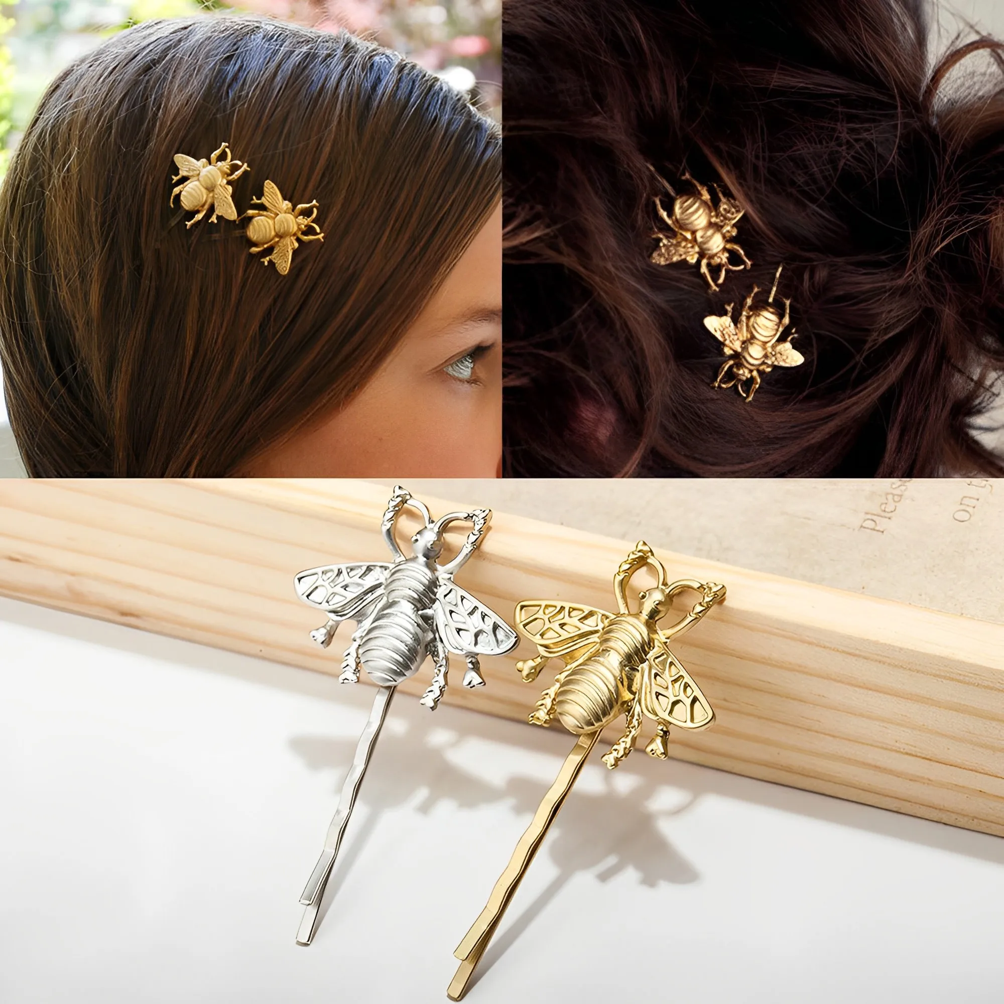 

Retro Fashion Style Girl Hairpin Delicate Silver Golden Bee Leaf Hairpin Side Clip Bangs Clip One Word Clip Hairpin Decoration