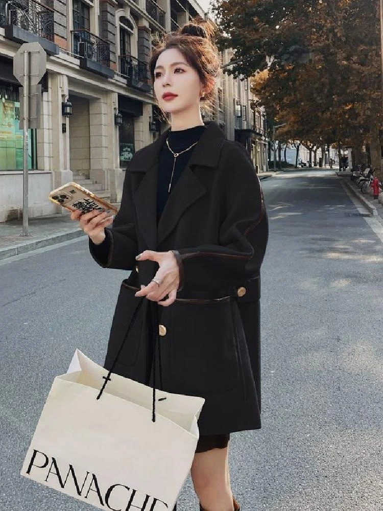 Черная шерстяная куртка женская короткая весна-осень 2023 новое кожаное лоскутное