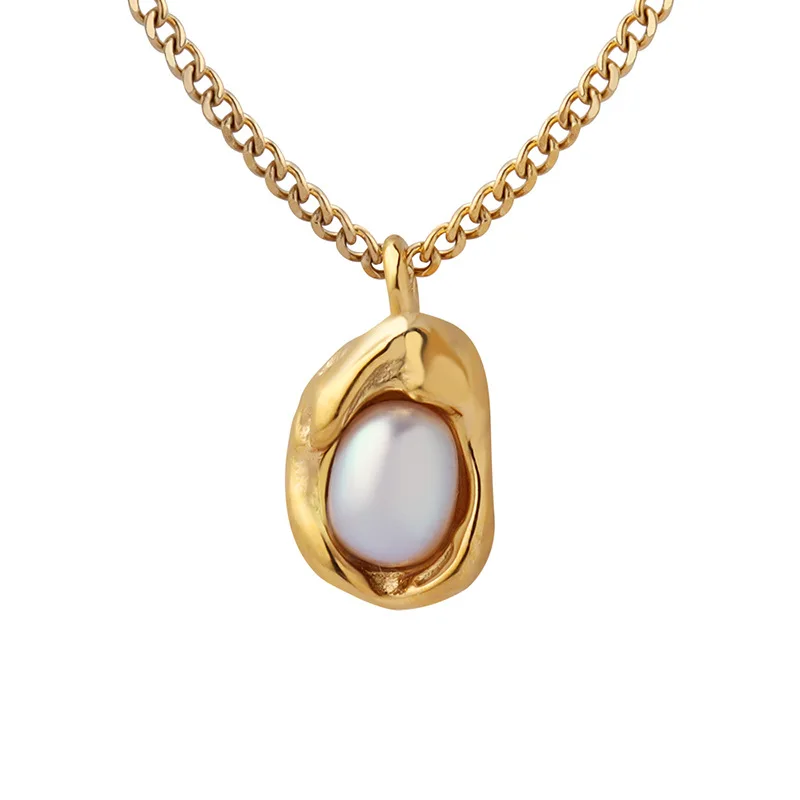 

Fashion Waterproof Non Tarnish Jewelry 18K Gold Plated Geometric Stainless Steel Freshwater Pearl Pendant Necklaces