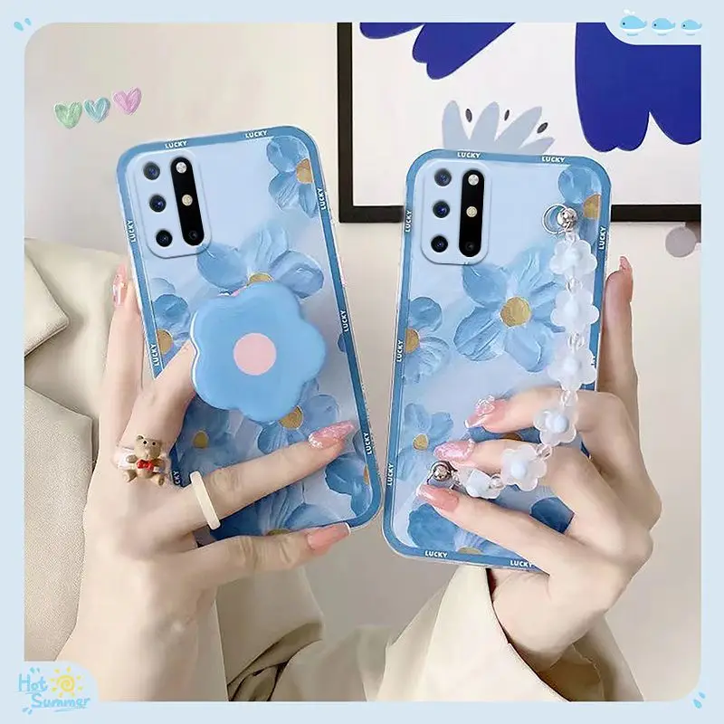 

Suitable For ONEPLUS 8T Phone Case Blue Oil Painting Flower Chain Soft Shell