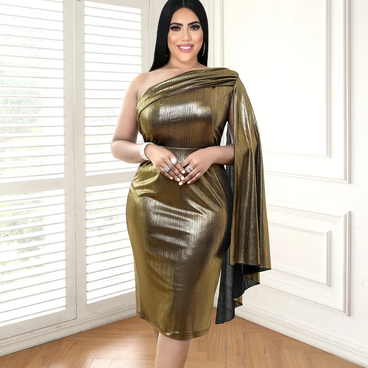 Plus Size Women Party Dress One Shoulder Gold Elegant Pretty Cloth Female Luxury Midi Gown 2023 Summer Evening New In Dress