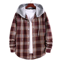 mens plaid shirt hooded long sleeve casual cardigan shirts mens coat large size mens clothing spring and autumn