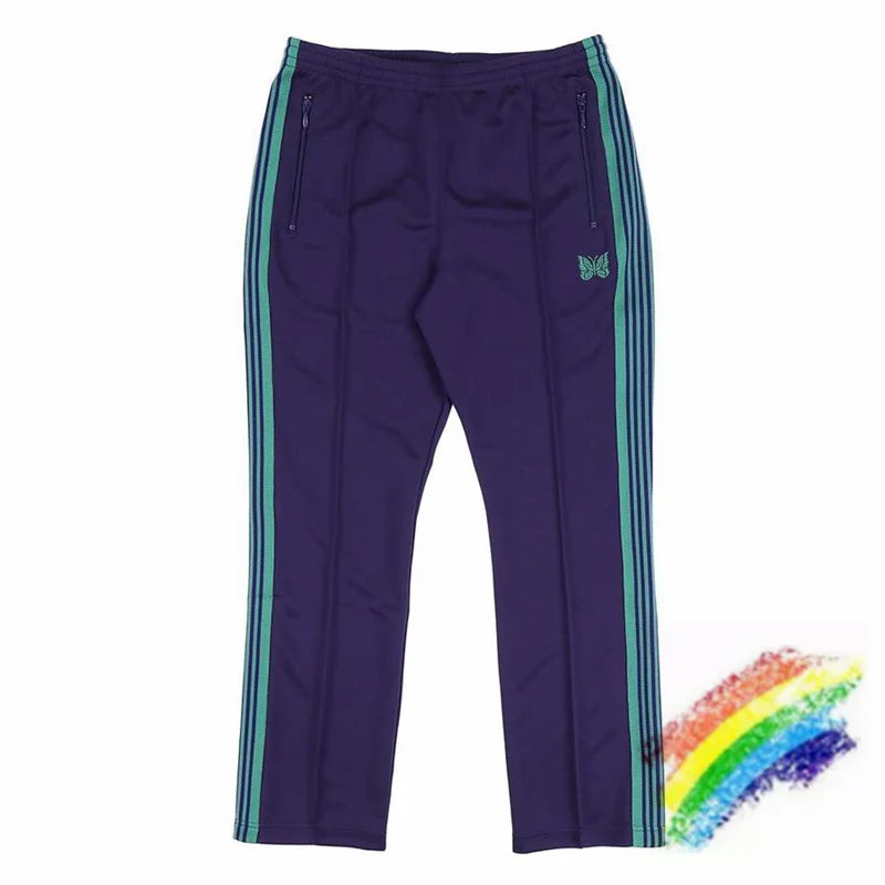 

Purple AWGE Needles Pants Men Women 1:1 Quality Embroidered Butterfly Needles Track Pants Classic Stripe Trousers