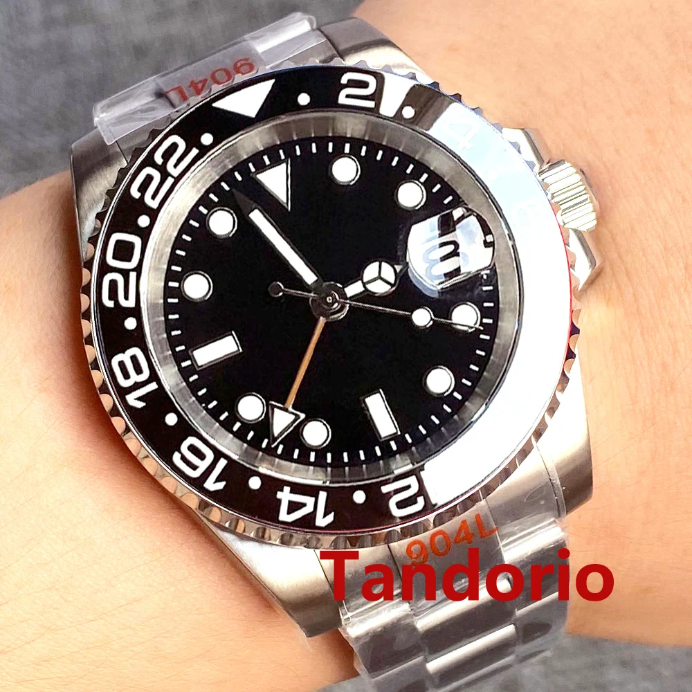 

Tandorio NH34A NH34 200M Waterproof 40mm Black Sterile Dial Lume GMT Function Automatic Mens Watch Oyster/Jubilee Ceramics Bezel