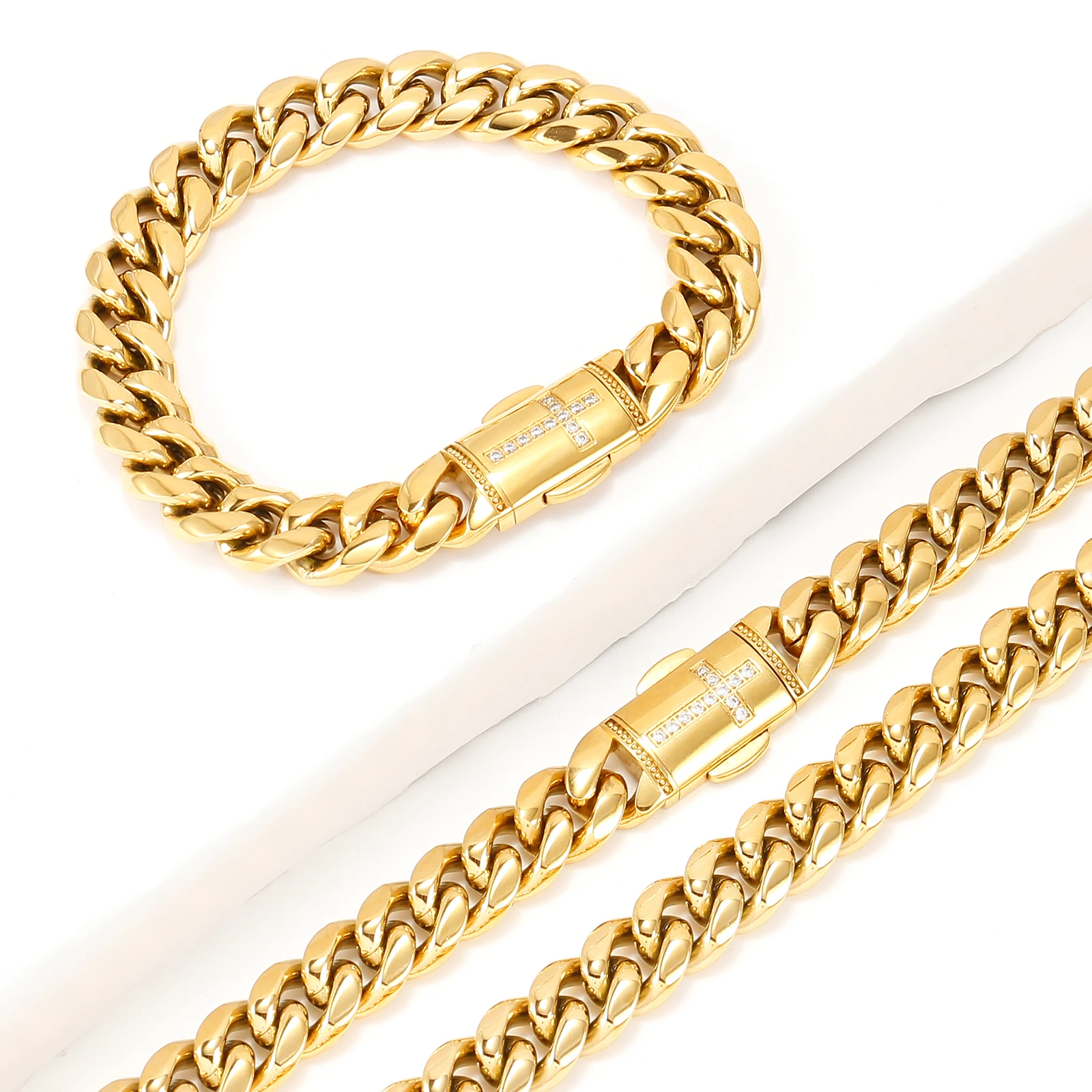 

Golden Cross Diamond Button Chain Necklace for Men Women 316L Stainless Steel Hip Hop Rock Bracelet Chocker Fashion Jewelry