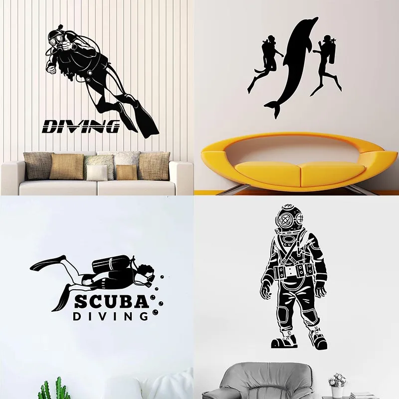 

Wall Decal Sea Ocean Diving Underwater Scuba Diver Vinyl Sticker Home Interior Room Decor Removable Mural H57cm x W58cm