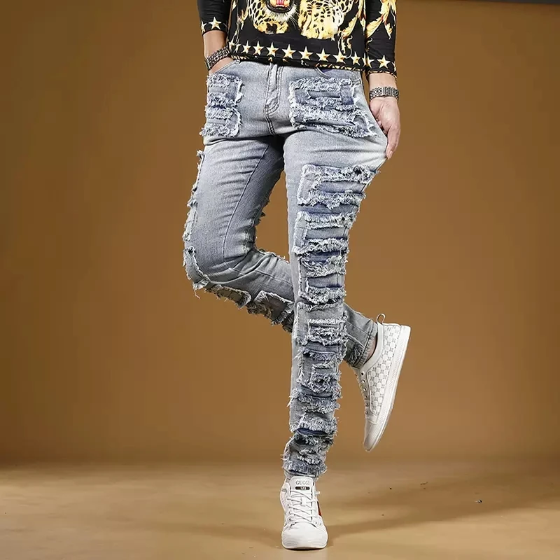 Autumn Men's Light Blue Patch Jeans Slim Fit Straight Pants Streetwear Casual Stretch Denim Trousers CP2150