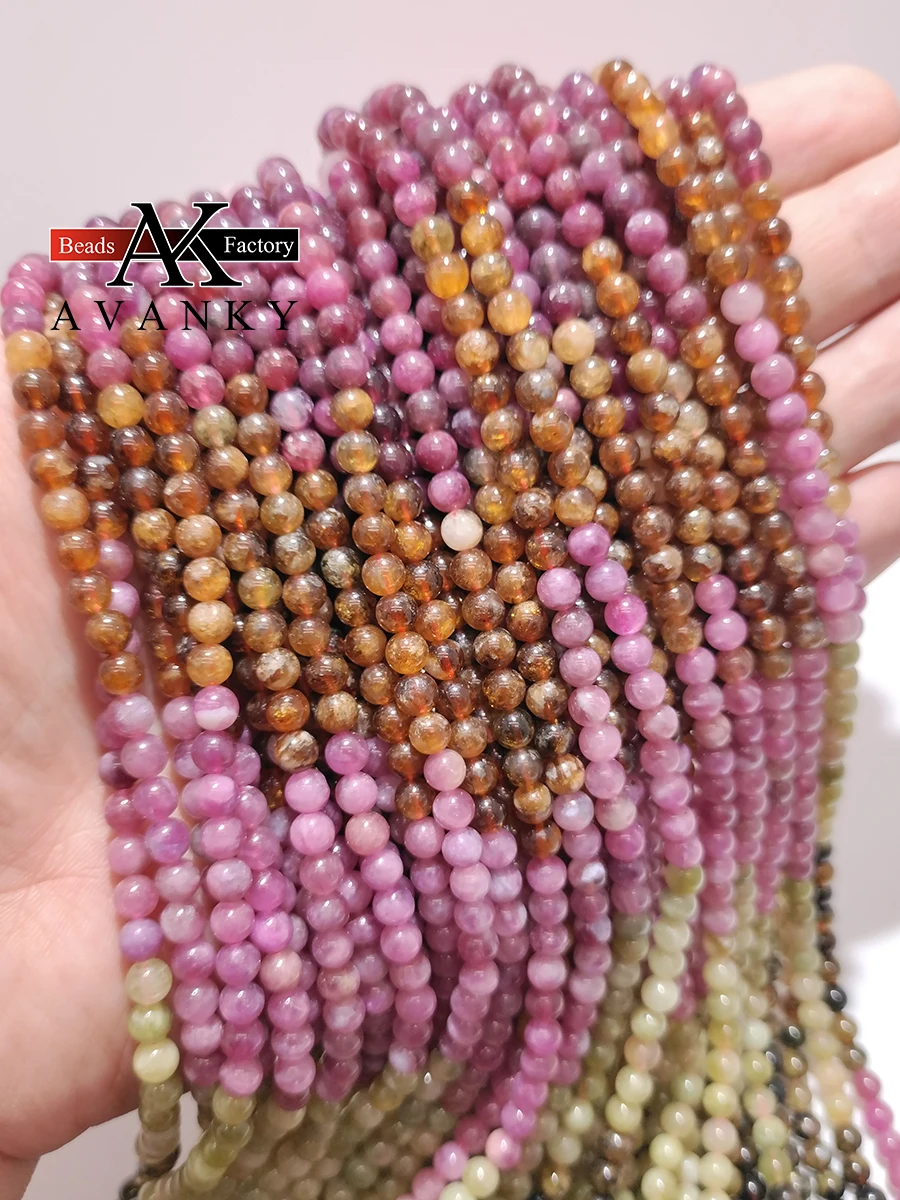 3A Natural GemStones Round Colorful Tourmaline Angel Beads 15 Inches Select Size 5MM Jewelry For Bracelet Necklace Making 5mm