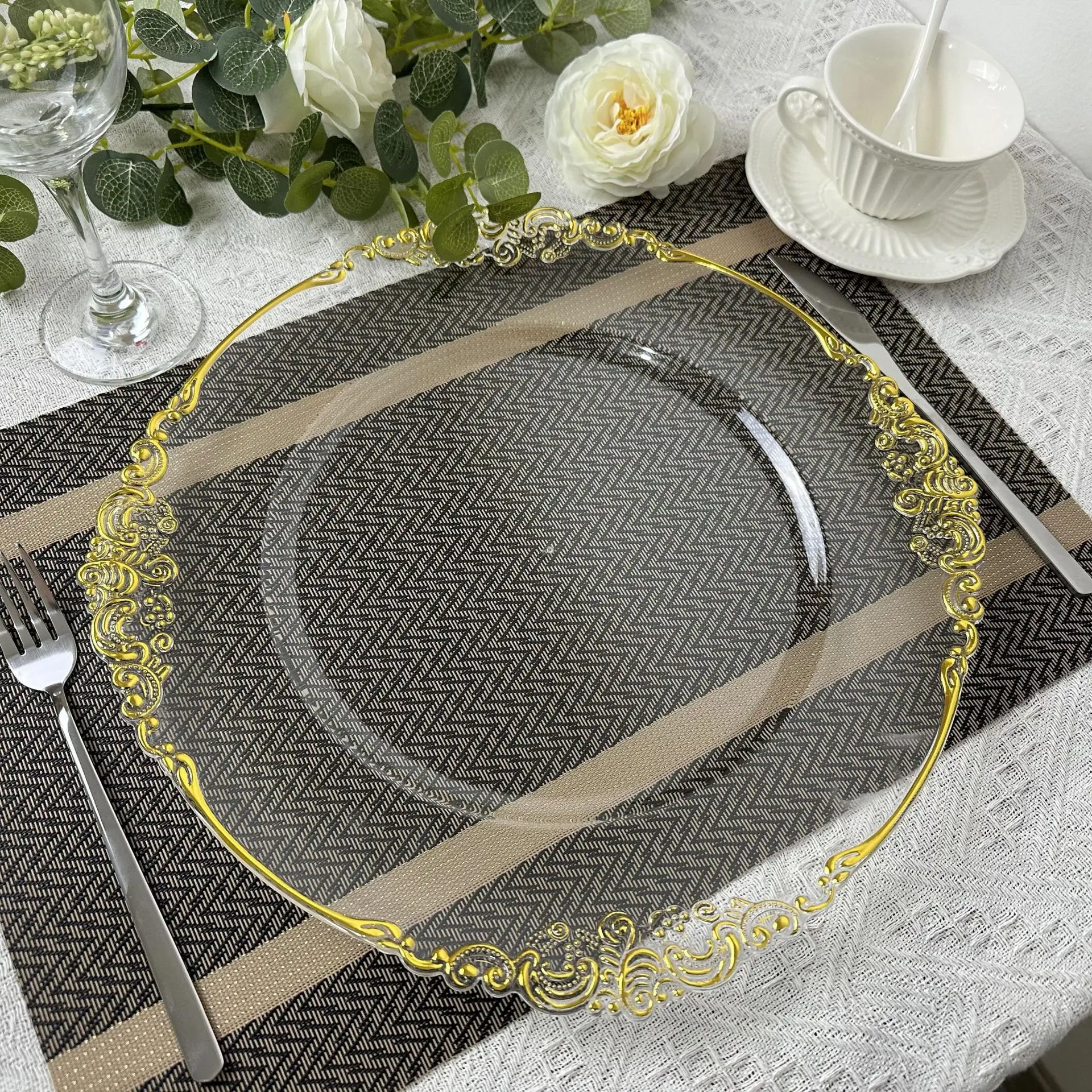 

30 /50/100pcs Clear Charger Plate with Gold Beads Rim Acrylic Plastic Decorative Dinner Serving Wedding Xmas Party Decor