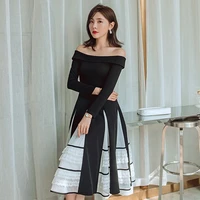 french court style retro pleated splicing mesh new arrivals black dress long sleeves elegant a line dinner party dress mid calf