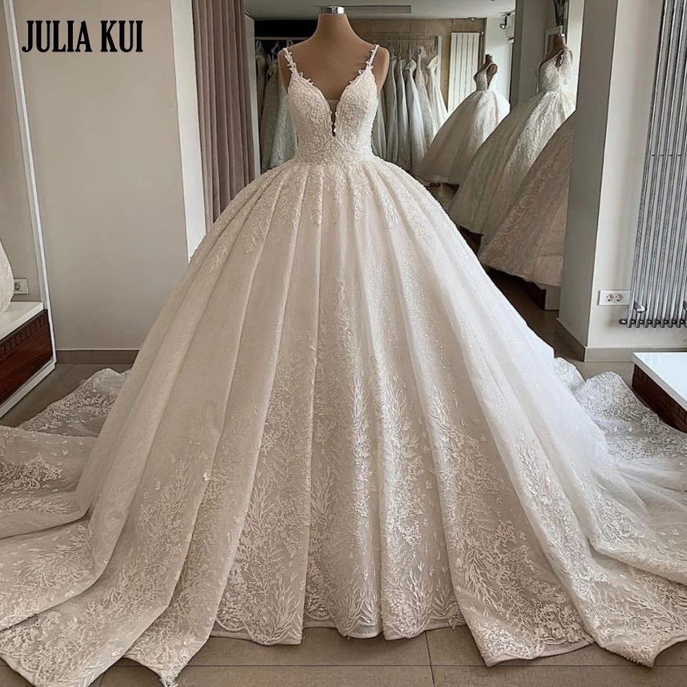 

Julia Kui Luxuries Spaghetti Strap Ball Gown Wedding Dresses Princess Court Train Corset Back Closure