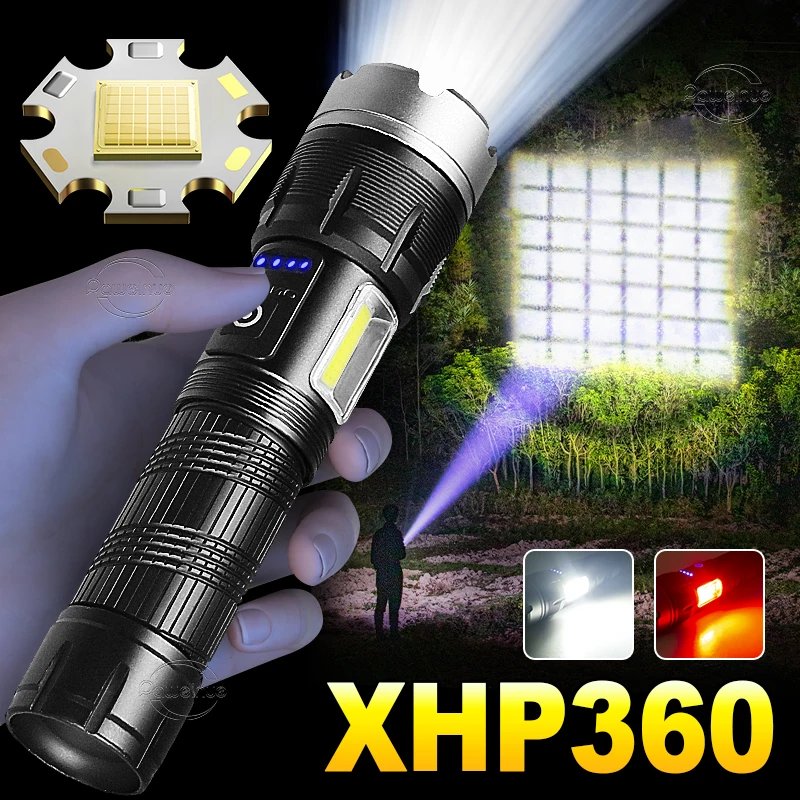 

Новейшая XHP360 COB мощная яркая вспышка s 18650 USB Перезаряжаемый Фонарик светодиодный мощность светодиодная вспышка XHP199 зум тактический фонарь