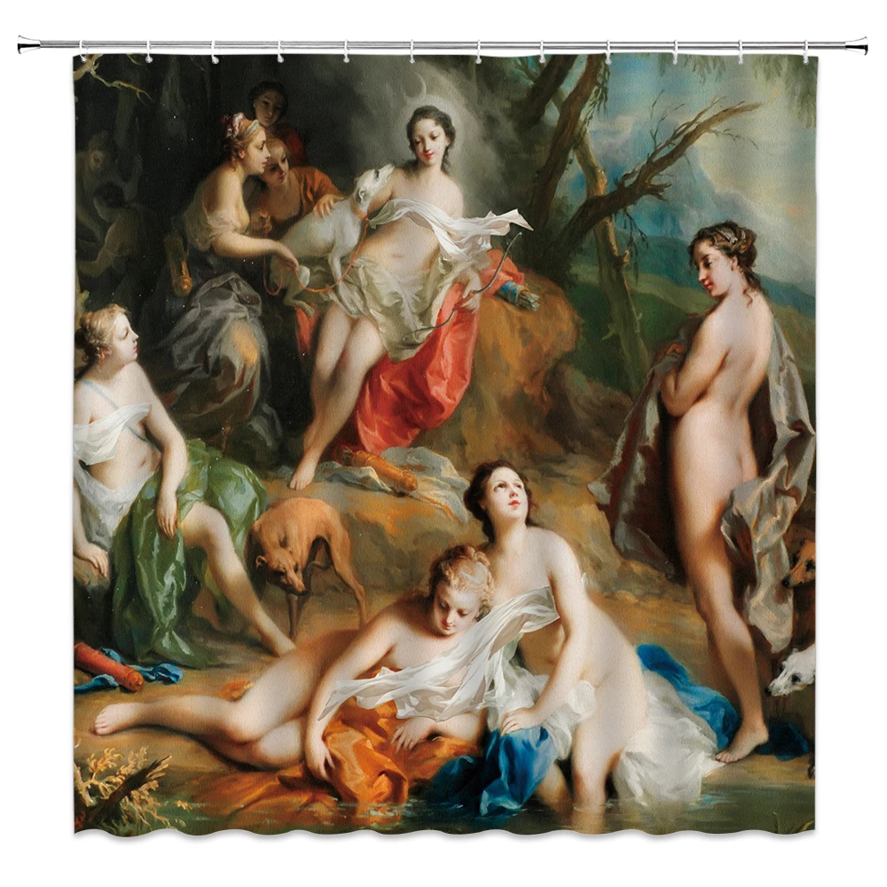

European Style Religious Oil Painting Shower Curtains Art Bathroom Decoration Waterproof Bathtub Home Decor Cloth Curtain Set