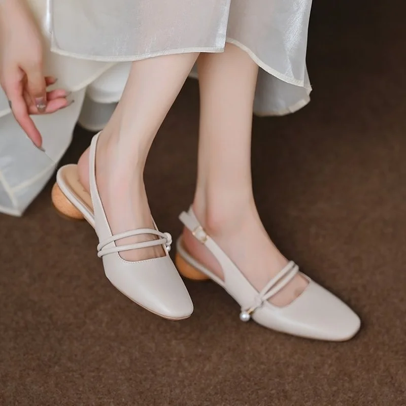

2022 New Summer Square Toe Sandals Women's Thick Heel Fairy Style One Word Buckle Pearl Middle Heel Mary Jane Shoes